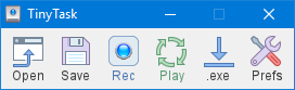 TinyTask toolbar with Open, Save, Record, Play, Compile, and Preferences controls