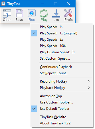 Version 1.72 toolbar layout with enlarged buttons and a settings dropdown on a dark desktop