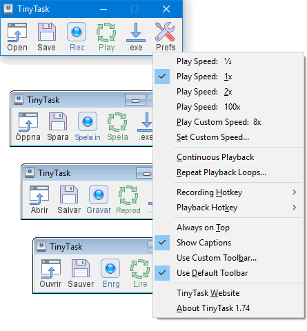 Application window showing toolbars localized in several languages with an open preferences panel